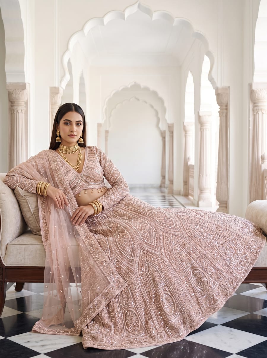 AI model wearing the same blush lehenga, seated in a white palace corridor