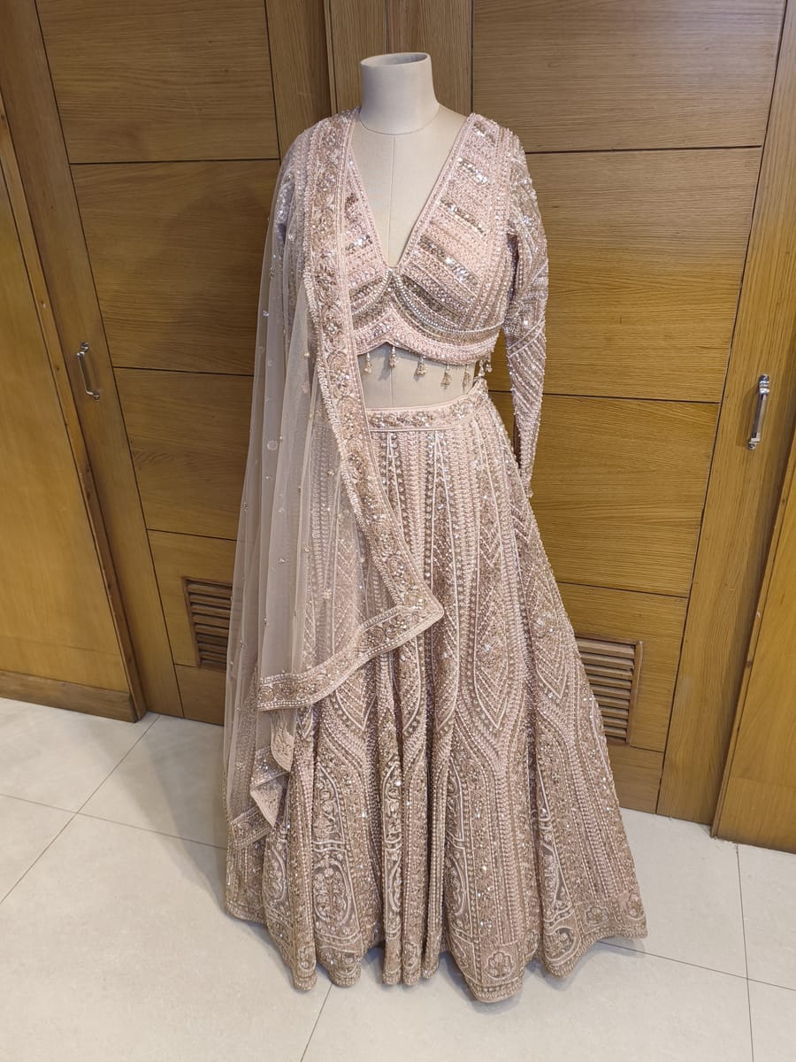 Blush embroidered lehenga with dupatta on a mannequin