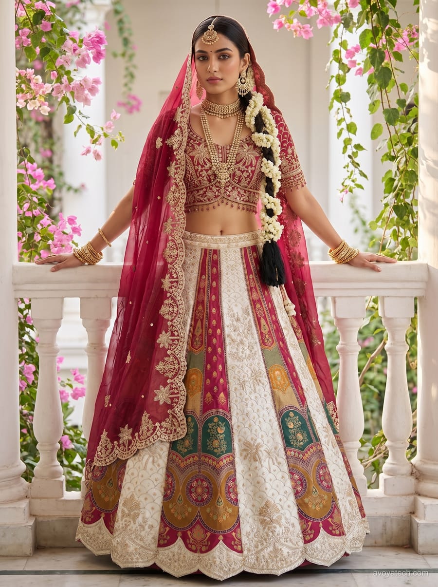 AI bride wearing the same panelled lehenga on a flower-framed balcony