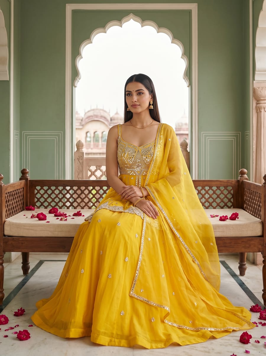 AI model wearing the same yellow outfit, seated on a carved wooden bench