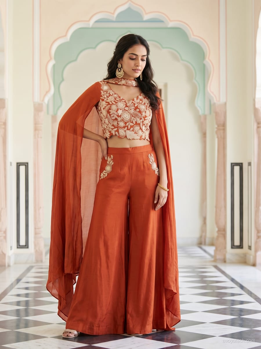 AI model wearing the same rust cape set in a palace hallway