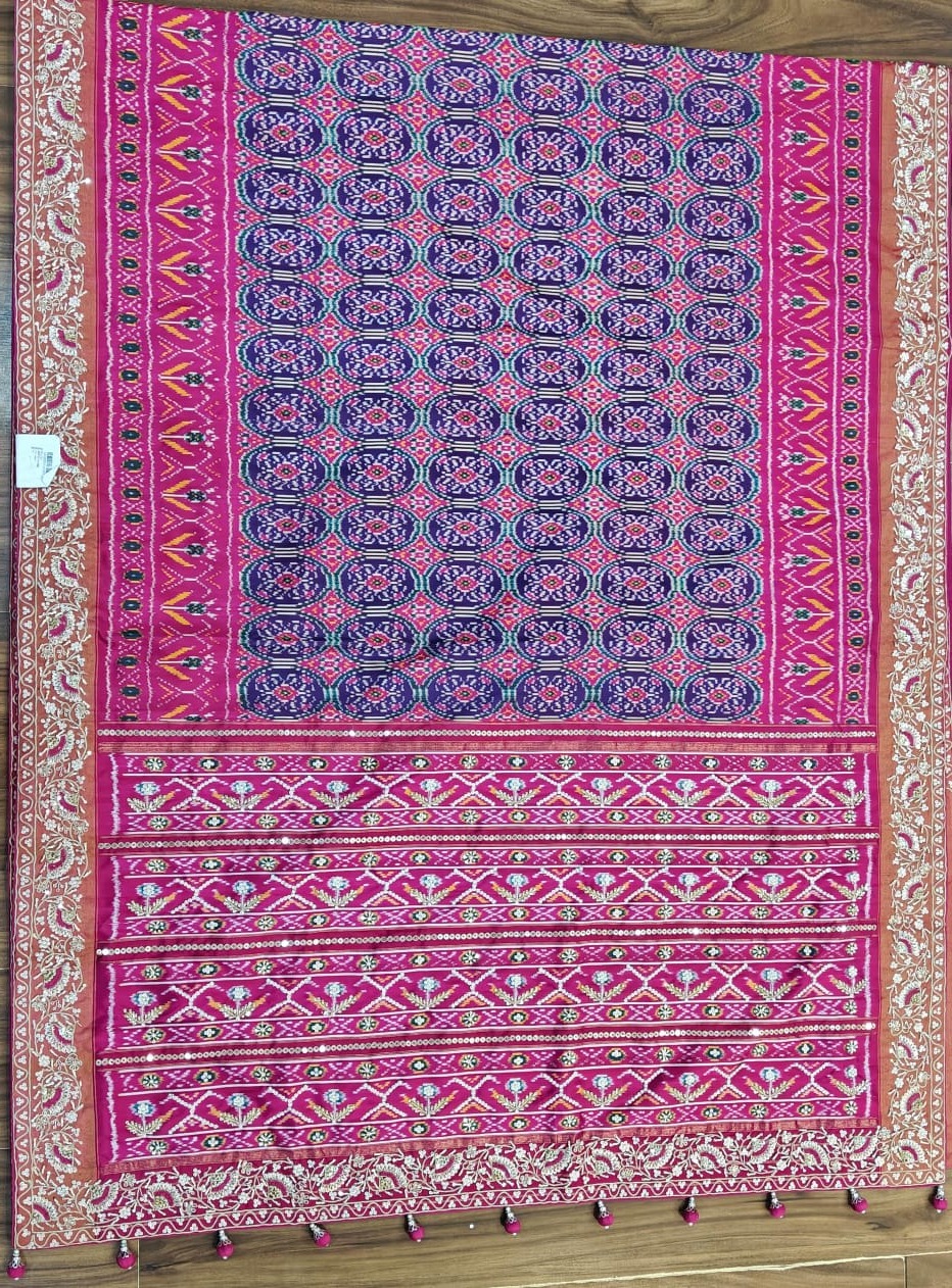 Pink Banarasi saree flat-lay